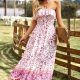 Bohemian Strapless Slit Midi Dress