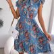 Pleated Floral Printed Tie Neck Knee Length Dress